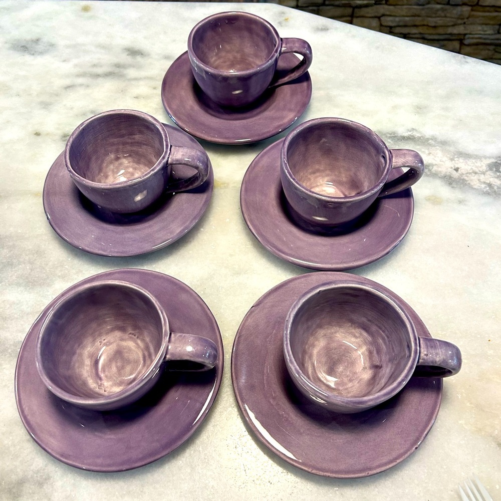 Pottery Barn Mugs and Saucers Sausalito purple 5 sets
